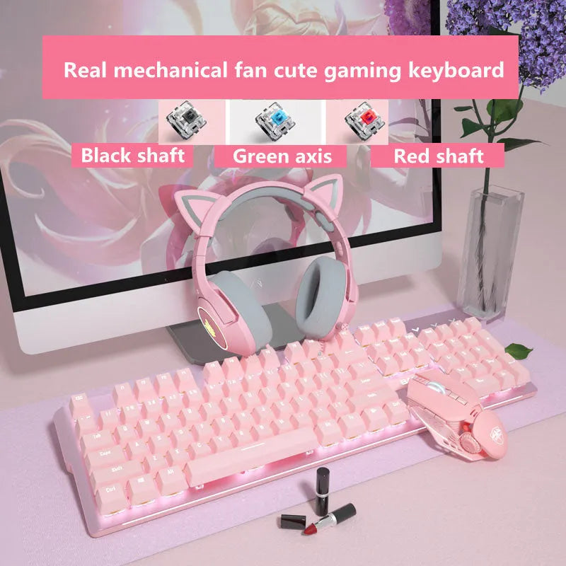 Pink mechanical keyboard and matching wired mouse set with green switches for gaming