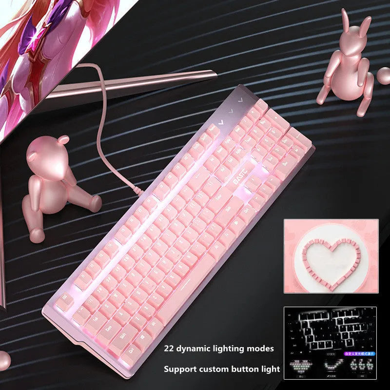 Pink mechanical keyboard and matching wired mouse set with green switches for gaming