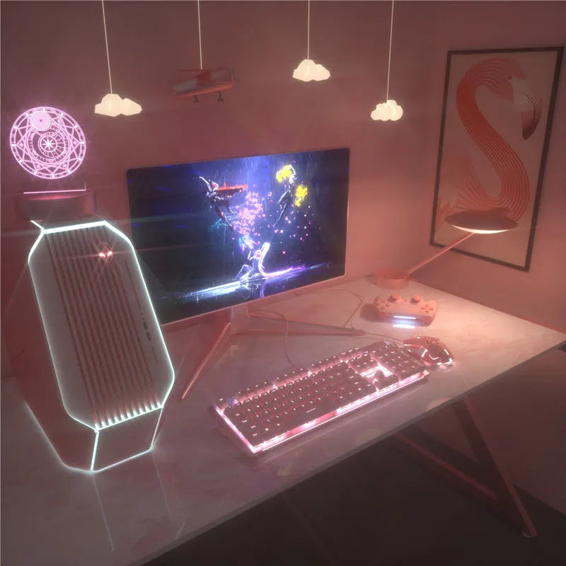 Pink mechanical keyboard and matching wired mouse set with green switches for gaming