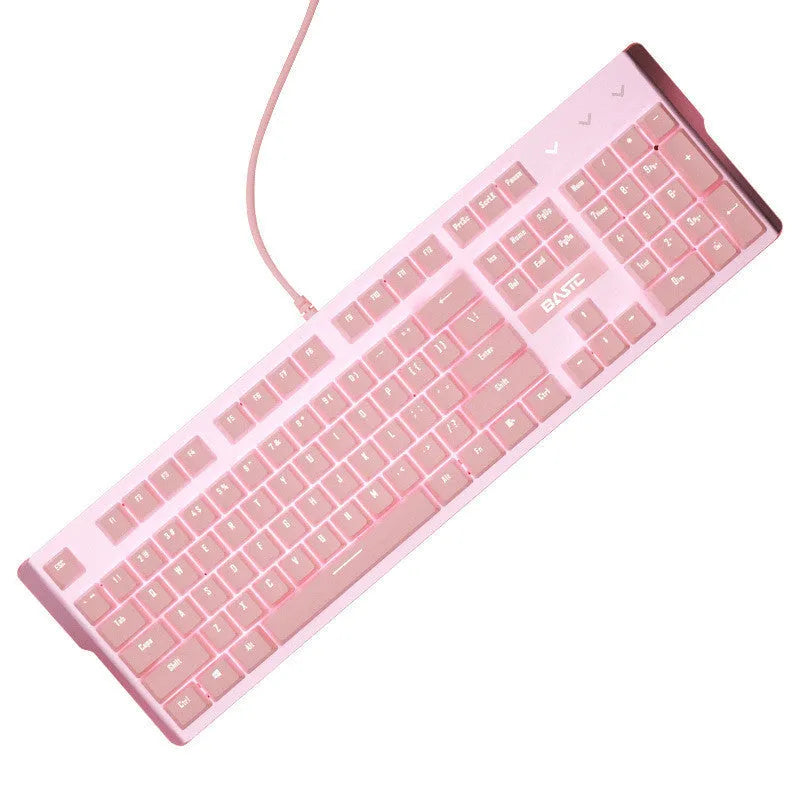Pink mechanical keyboard and matching wired mouse set with green switches for gaming