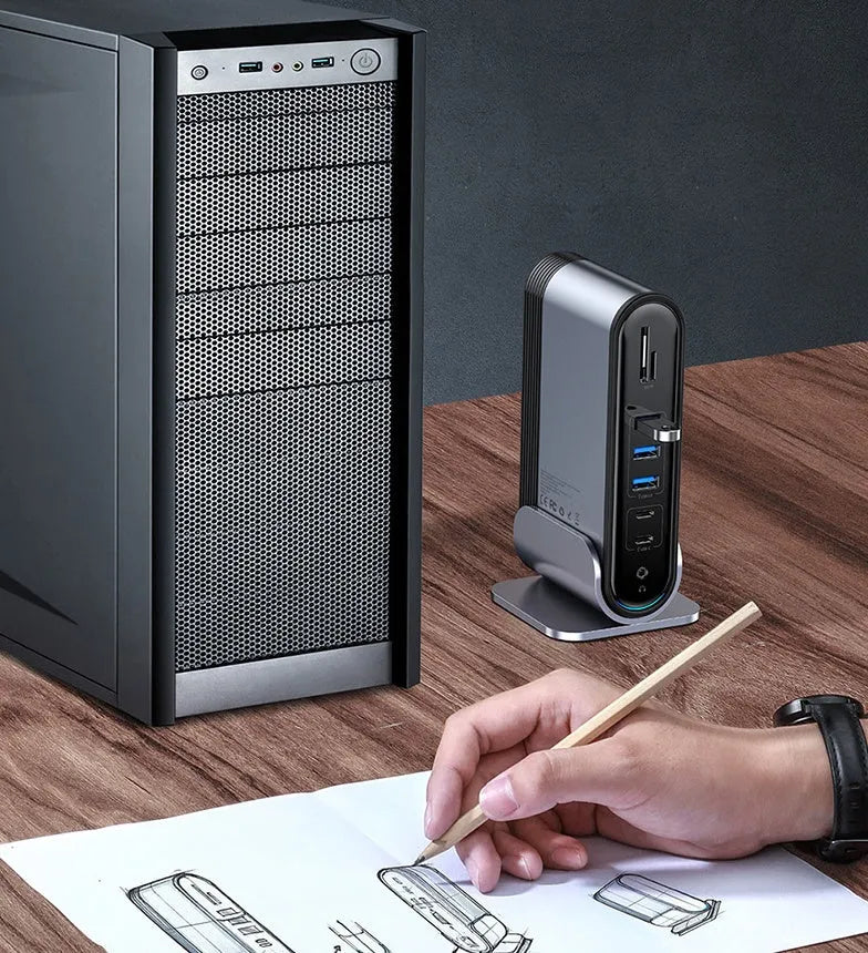 Deep space grey 16-in-1 USB-C workstation docking station with multiple ports and external power supply.