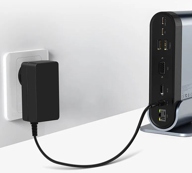 Deep space grey 16-in-1 USB-C workstation docking station with multiple ports and external power supply.