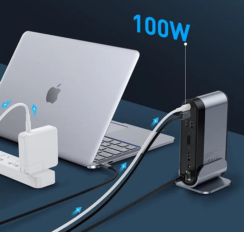 Deep space grey 16-in-1 USB-C workstation docking station with multiple ports and external power supply.