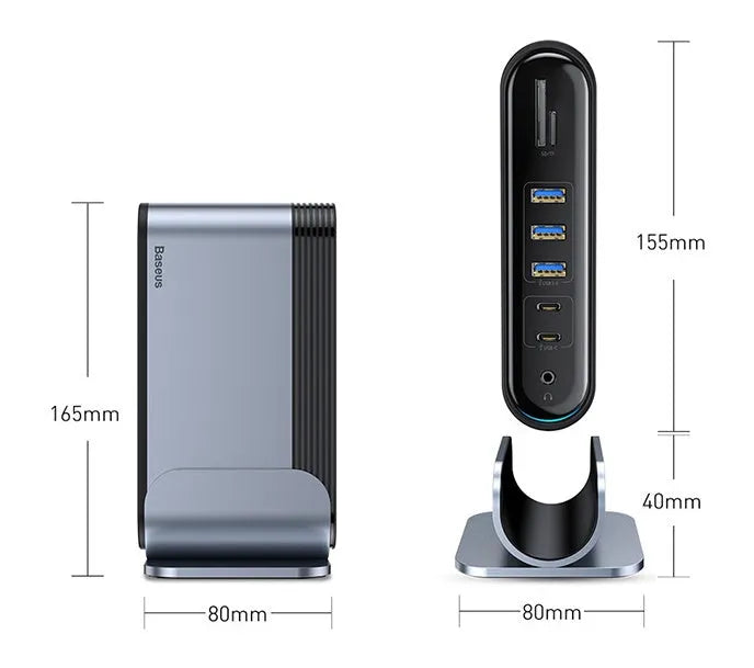 Deep space grey 16-in-1 USB-C workstation docking station with multiple ports and external power supply.