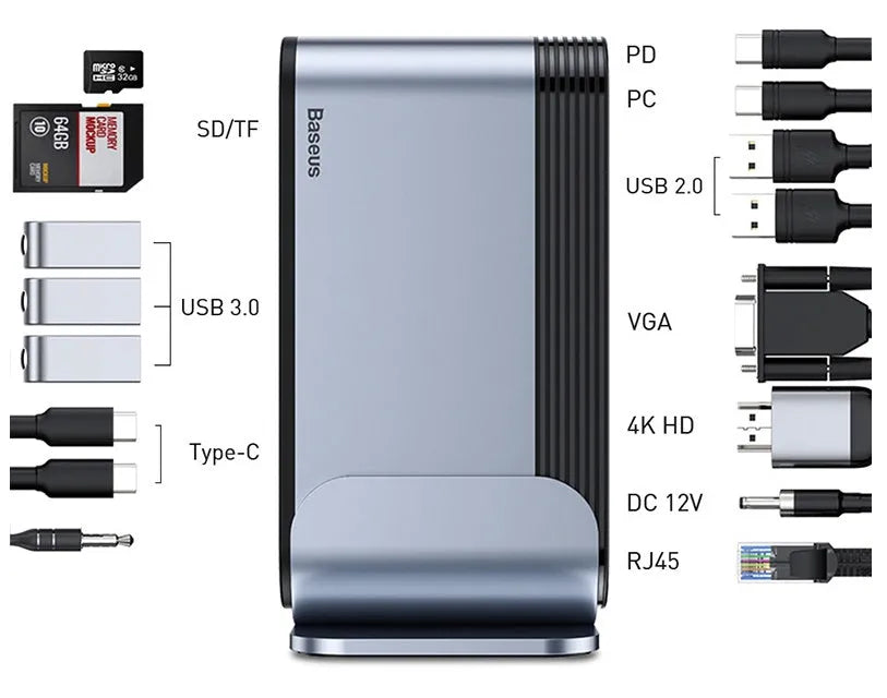 Deep space grey 16-in-1 USB-C workstation docking station with multiple ports and external power supply.