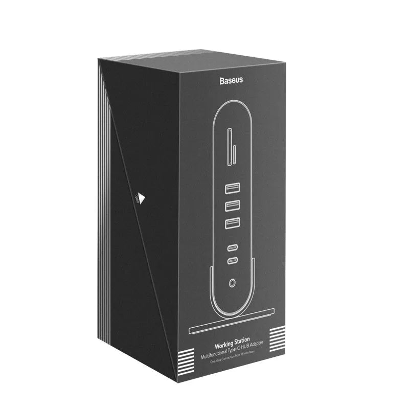 Deep space grey 16-in-1 USB-C workstation docking station with multiple ports and external power supply.