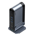 Deep space grey 16-in-1 USB-C workstation docking station with multiple ports and external power supply.