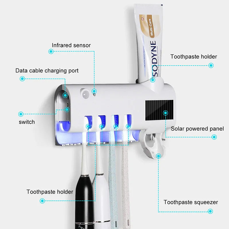 White automatic toothpaste squeezer and toothbrush steriliser unit mounted on bathroom wall
