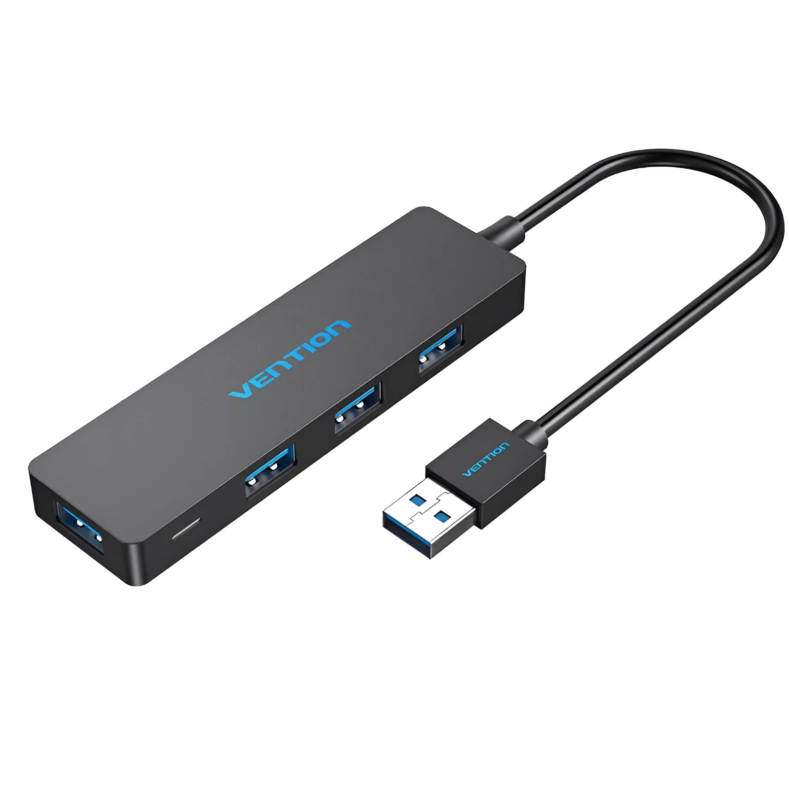Black USB 3.0 hub with four ports, short attached cable, and nickel-plated connectors.