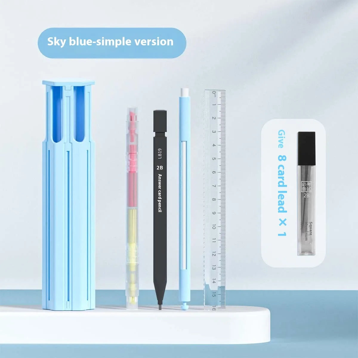 A pressing pen next to a Sky Blue plastic pencil case from a six-pen or sixteen-pen kit.