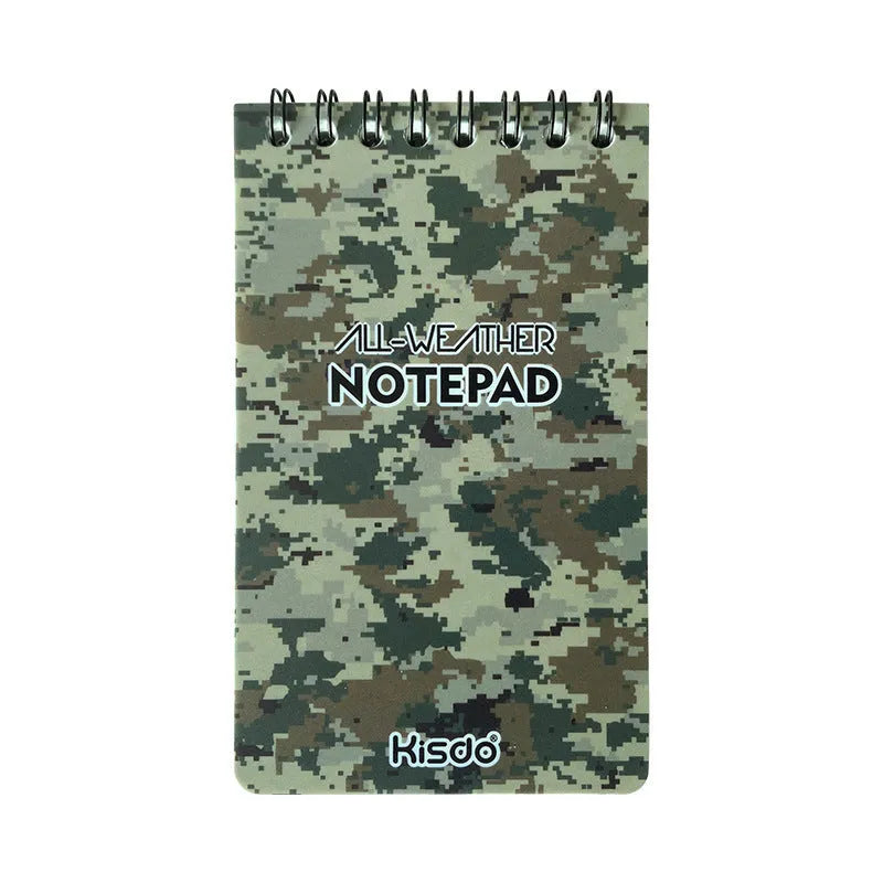 Waterproof spiral notebook with stone paper pages and polypropylene cover in camouflage pattern