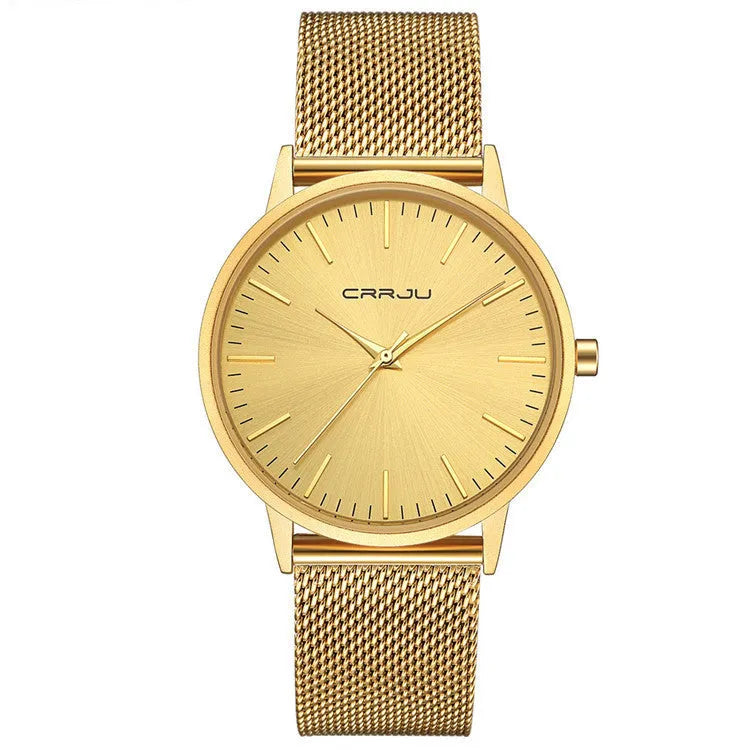 Casual quartz watch with alloy case, plexiglass crystal and mesh strap in black and gold colour options