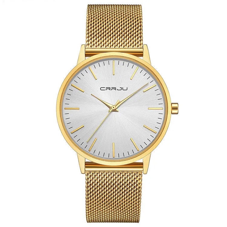 Casual quartz watch with alloy case, plexiglass crystal and mesh strap in black and gold colour options