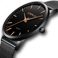 Casual quartz watch with alloy case, plexiglass crystal and mesh strap in black and gold colour options