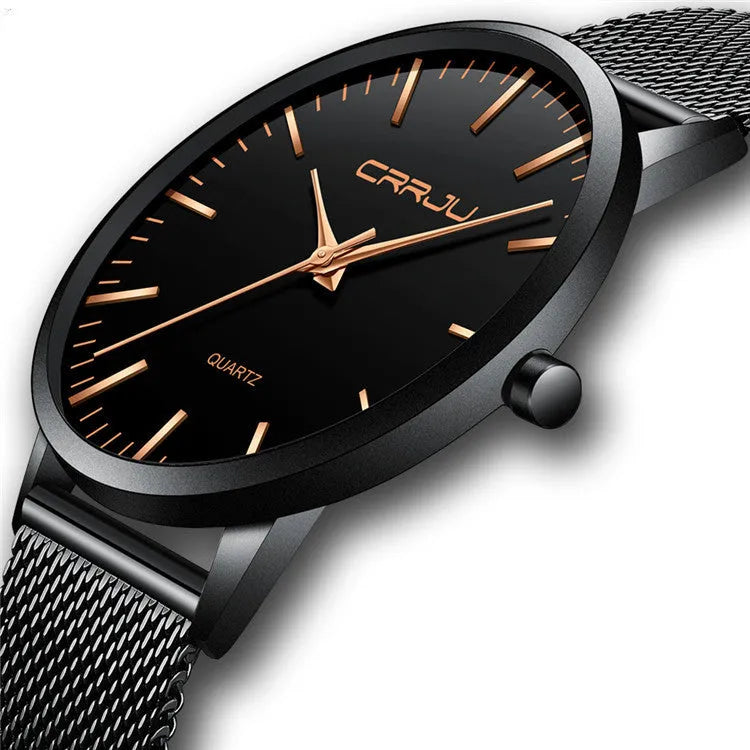 Casual quartz watch with alloy case, plexiglass crystal and mesh strap in black and gold colour options