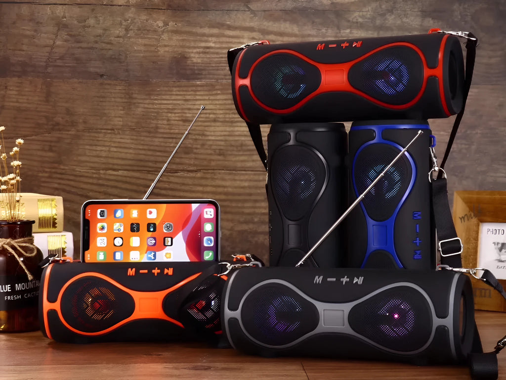 Lantern multifunctional Bluetooth speaker with strap and mobile phone stand in black, blue, orange, red, or silver grey