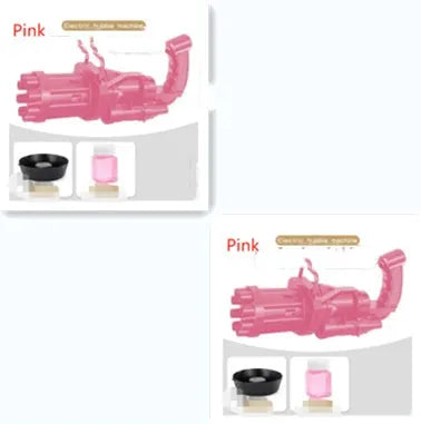 Kids bubble machine gun toy in pink, gold, or black, showing battery compartment and bubble solution sink.