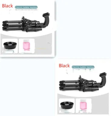 Kids bubble machine gun toy in pink, gold, or black, showing battery compartment and bubble solution sink.