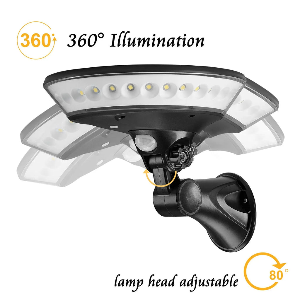 360-degree solar-powered garden light with motion sensor in ABS plastic housing for outdoor use