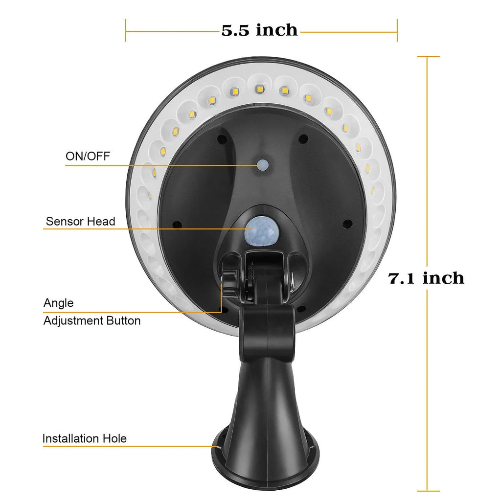 360-degree solar-powered garden light with motion sensor in ABS plastic housing for outdoor use