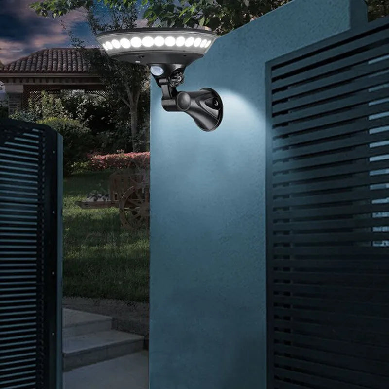 360-degree solar-powered garden light with motion sensor in ABS plastic housing for outdoor use