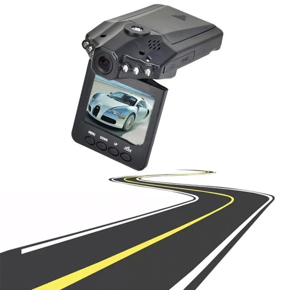 F198B black car DVR dash cam with 2.5 inch screen and 270 degree wide angle lens attached to bracket