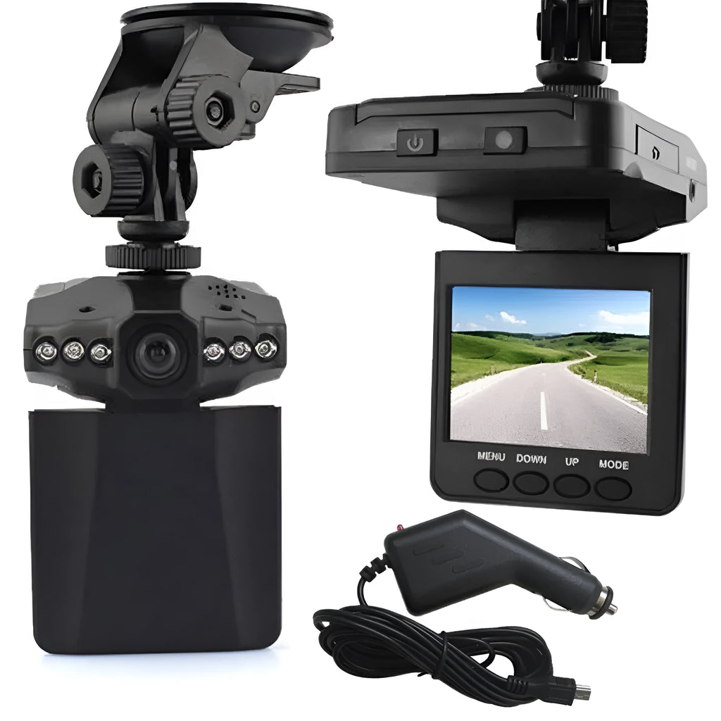 F198B black car DVR dash cam with 2.5 inch screen and 270 degree wide angle lens attached to bracket