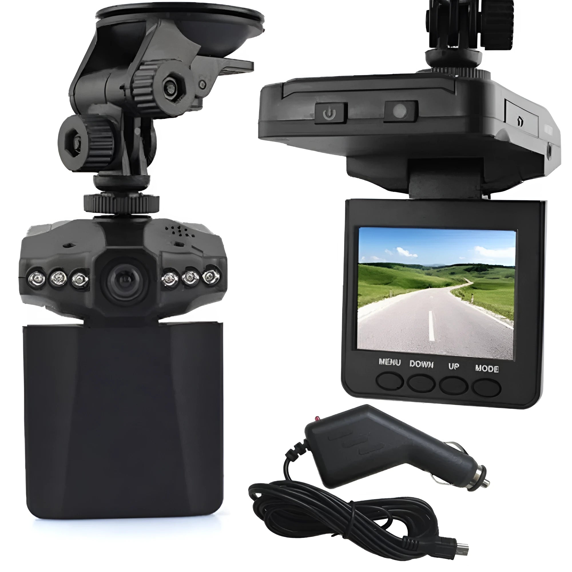 F198B black car DVR dash cam with 2.5 inch screen and 270 degree wide angle lens attached to bracket