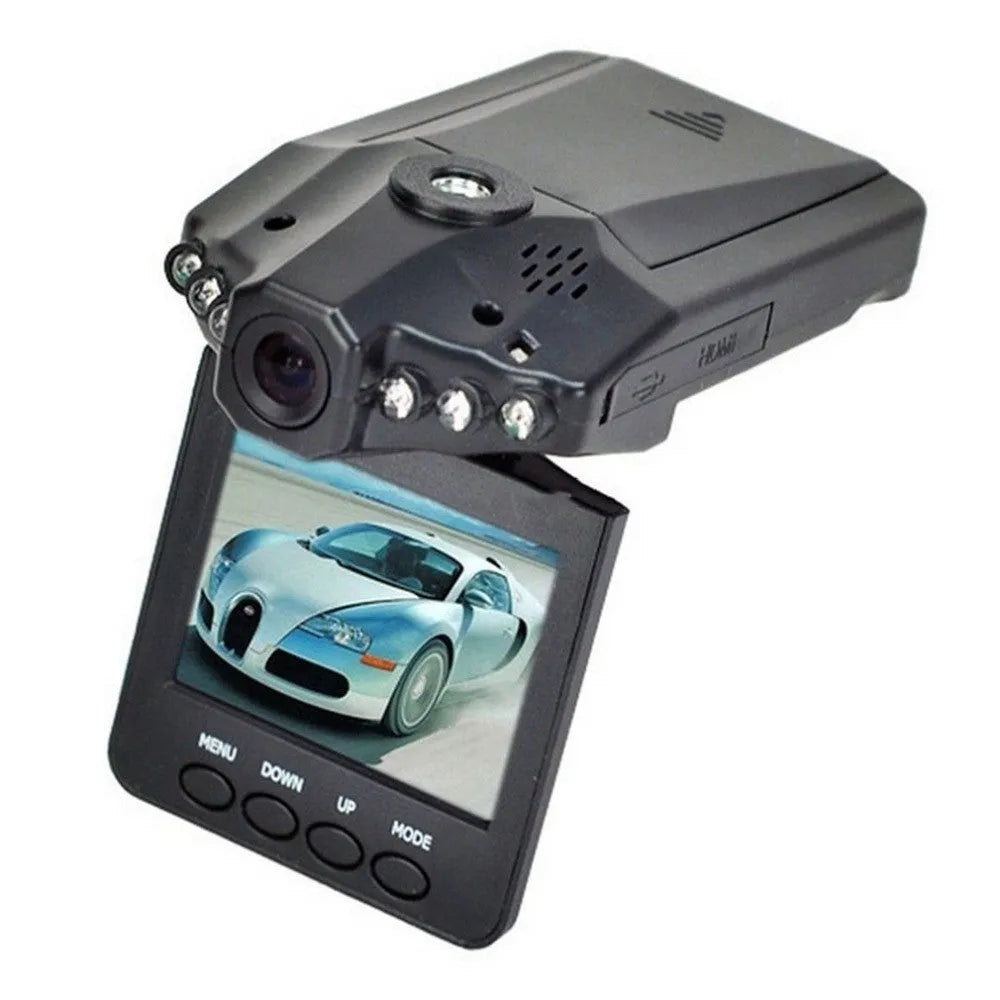 F198B black car DVR dash cam with 2.5 inch screen and 270 degree wide angle lens attached to bracket