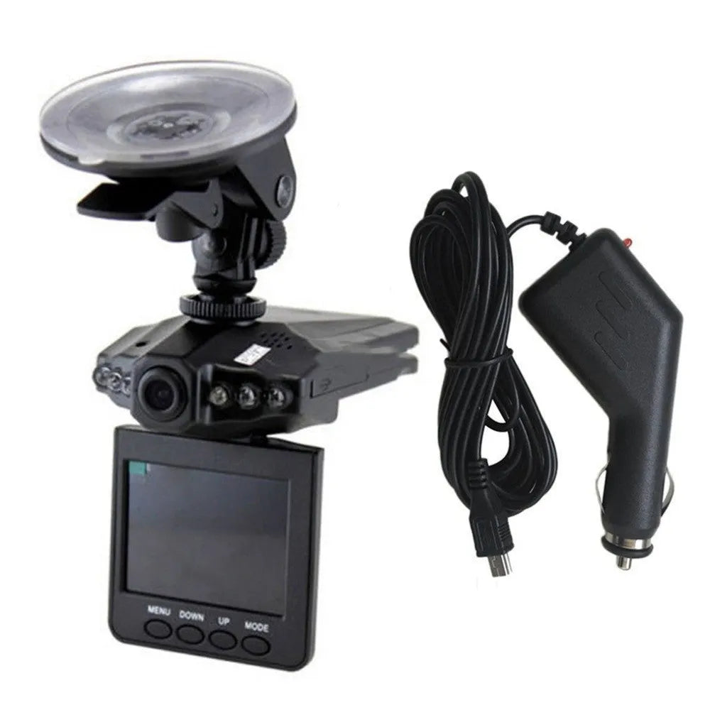 F198B black car DVR dash cam with 2.5 inch screen and 270 degree wide angle lens attached to bracket
