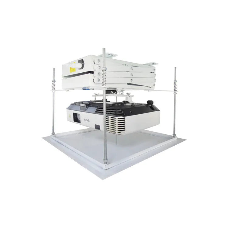 Motorised electric projector lifting hanger with remote control and ultra-thin metal chassis.