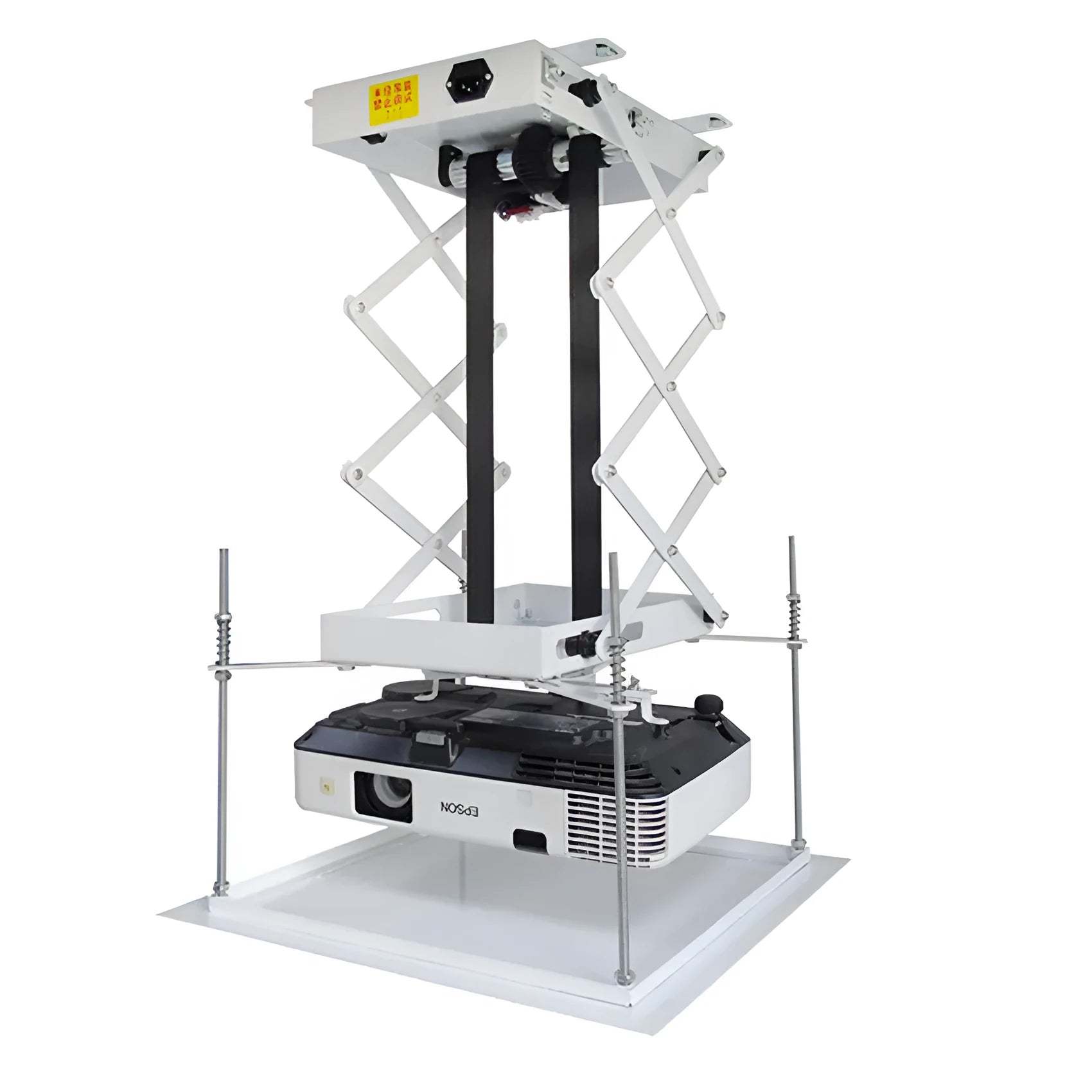 Motorised electric projector lifting hanger with remote control and ultra-thin metal chassis.