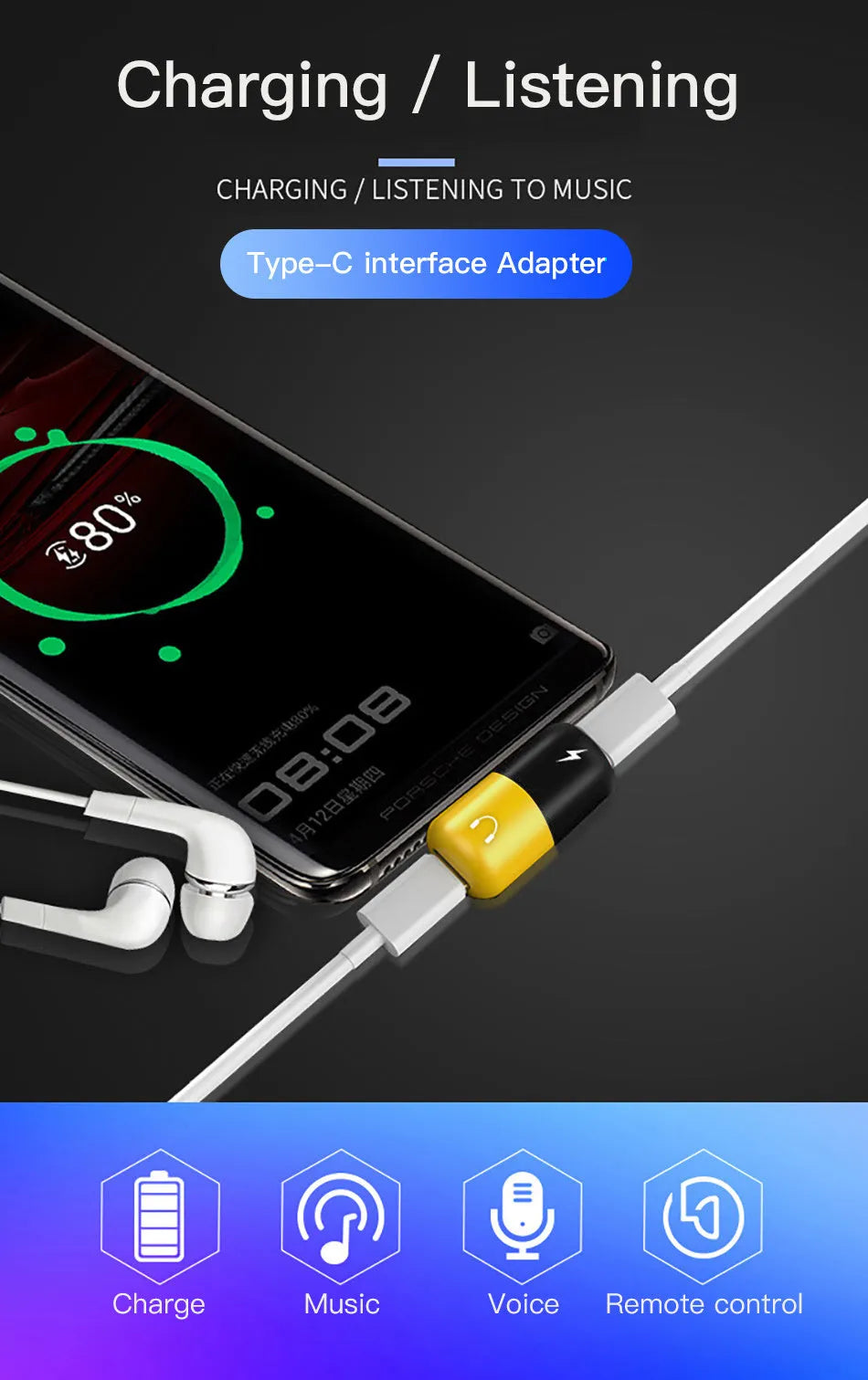 Blue and yellow Huawei phone charging audio cover case adapter with 3.5mm jack.
