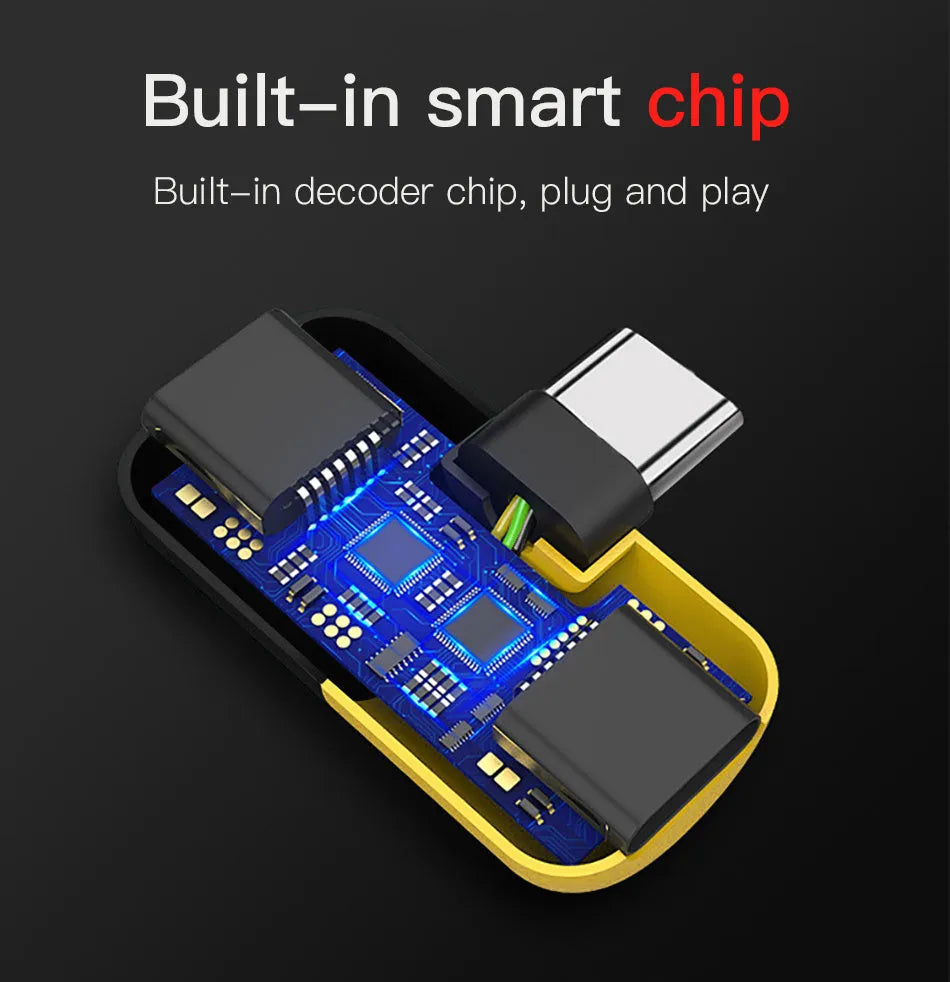 Blue and yellow Huawei phone charging audio cover case adapter with 3.5mm jack.