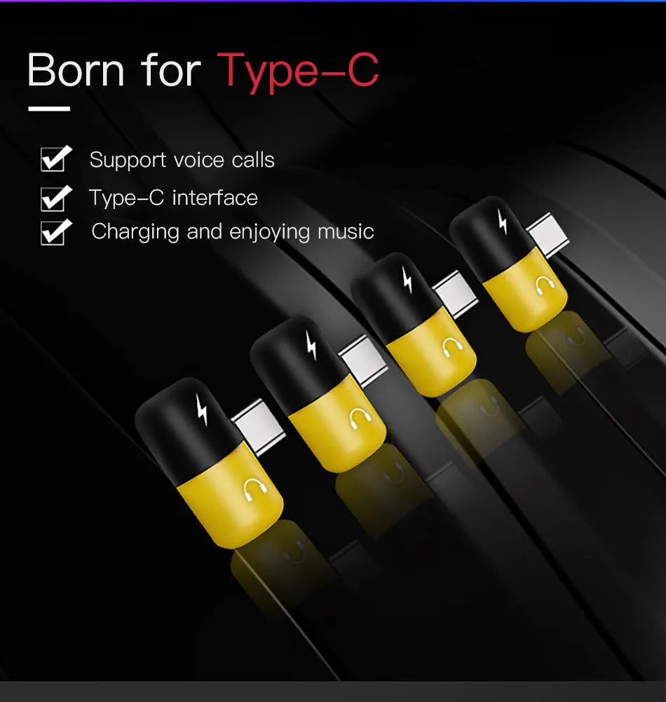 Blue and yellow Huawei phone charging audio cover case adapter with 3.5mm jack.