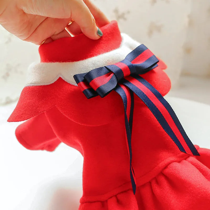 Pet dog or cat wearing a navy blue British-style woolen cloth skirt costume on a neutral background