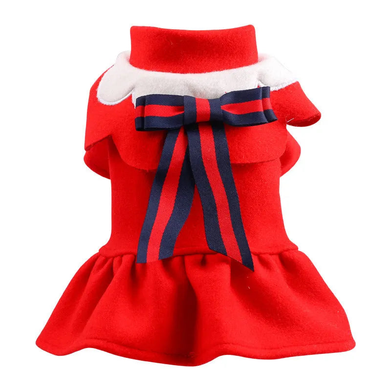 Pet dog or cat wearing a navy blue British-style woolen cloth skirt costume on a neutral background