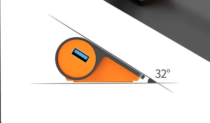 Dark grey and orange aluminium USB 3.1 hub with four ports and individual power switches