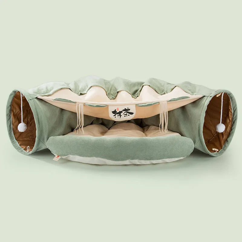 Collapsible cloth cat tunnel showing bar colour option with dimensions 45cm by 50cm by 22cm