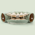 Collapsible cloth cat tunnel showing bar colour option with dimensions 45cm by 50cm by 22cm