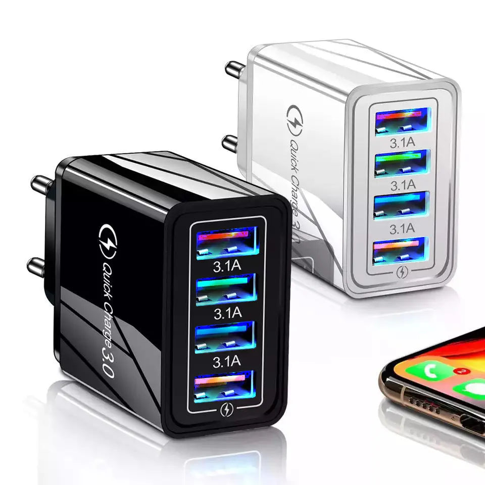 Compact 4-port USB mobile phone charger with luminous indicator light in multiple colour options
