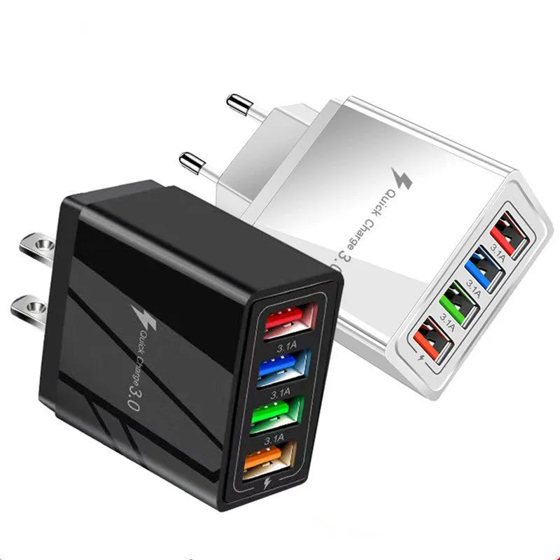 Compact 4-port USB mobile phone charger with luminous indicator light in multiple colour options