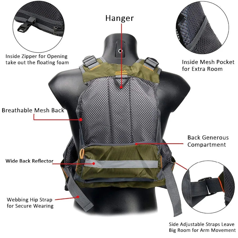 Fishing life safety vest with removable foam panels and multiple zippered pockets in grey colour