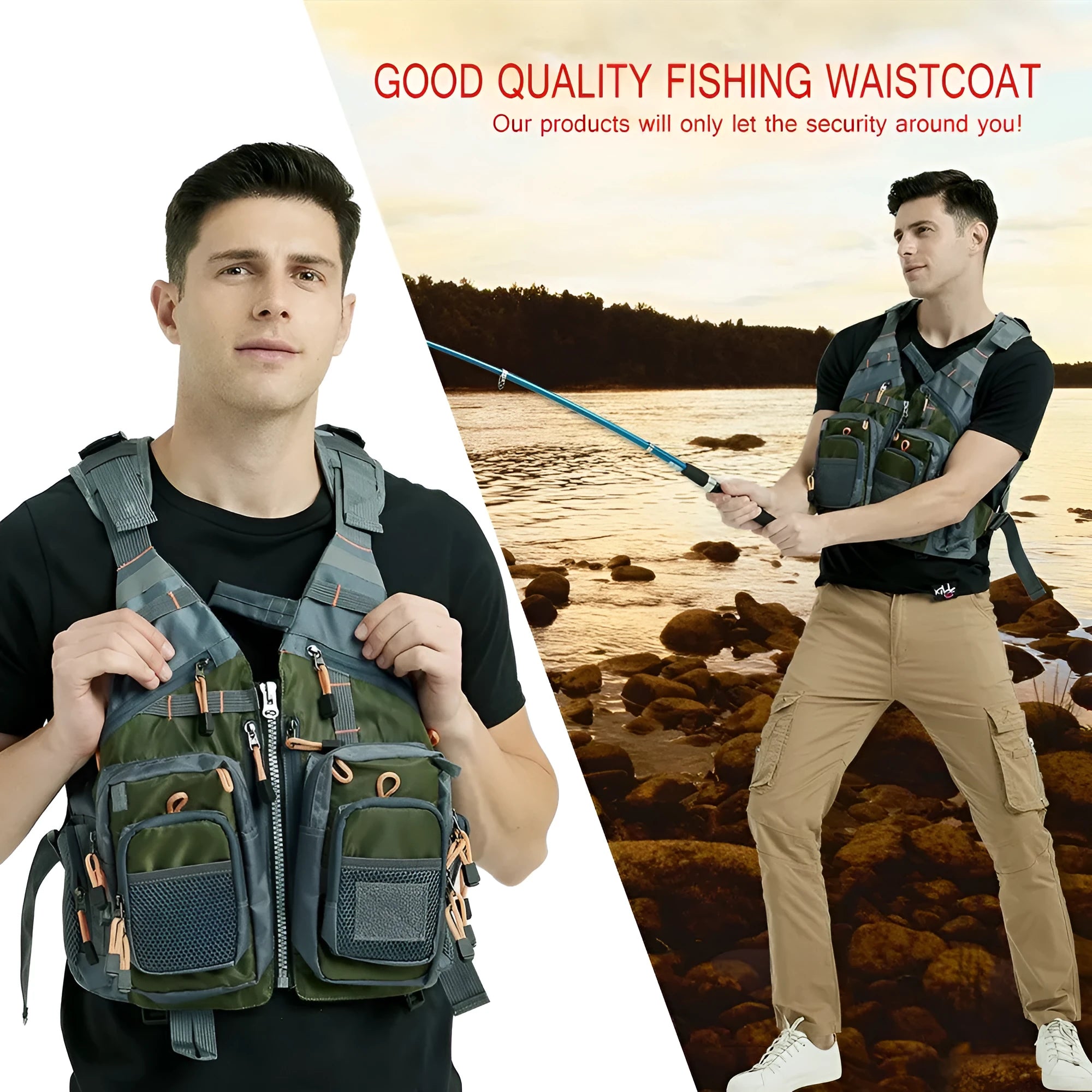 Fishing life safety vest with removable foam panels and multiple zippered pockets in grey colour