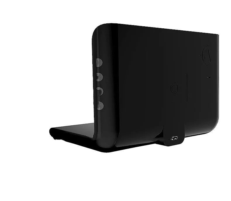 Wireless charger alarm clock with digital display showing time, date, temperature and humidity
