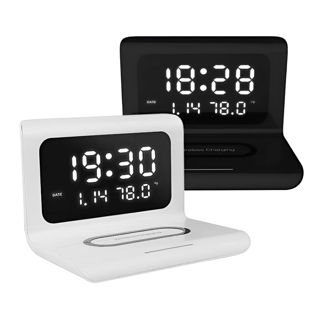 Wireless charger alarm clock with digital display showing time, date, temperature and humidity