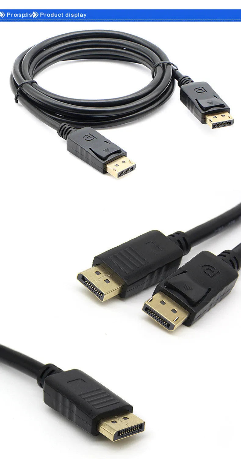 1.8m black DisplayPort to DisplayPort male extension cable on white background