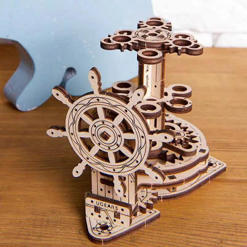 Ukrainian wooden machinery model rotating pen holder with steering wheel design