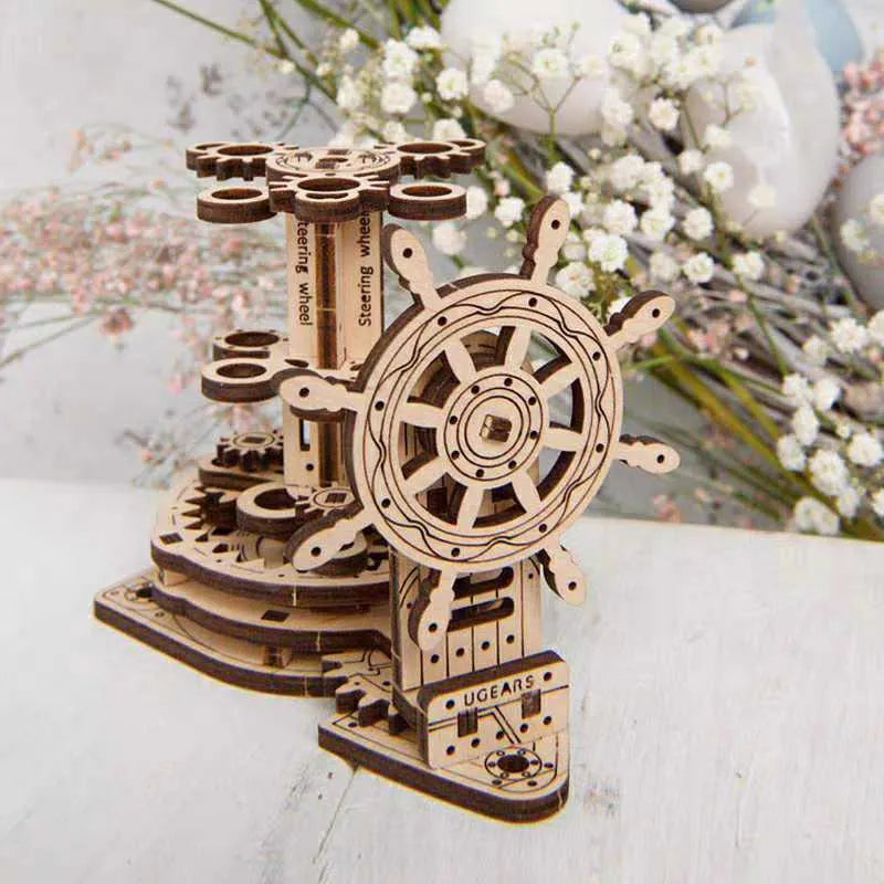 Ukrainian wooden machinery model rotating pen holder with steering wheel design