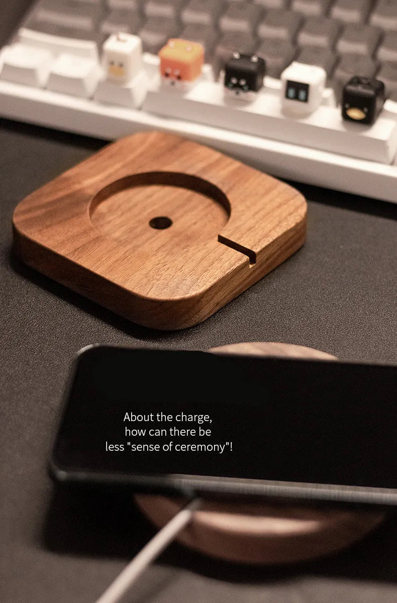 Walnut wood magnetic wireless charger for iPhone with MagSafe compatibility on desk
